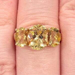 14K Golden Yellow Scapolite Ring Three Stone Oval Rose Cut 6.25 Clyde Duneier